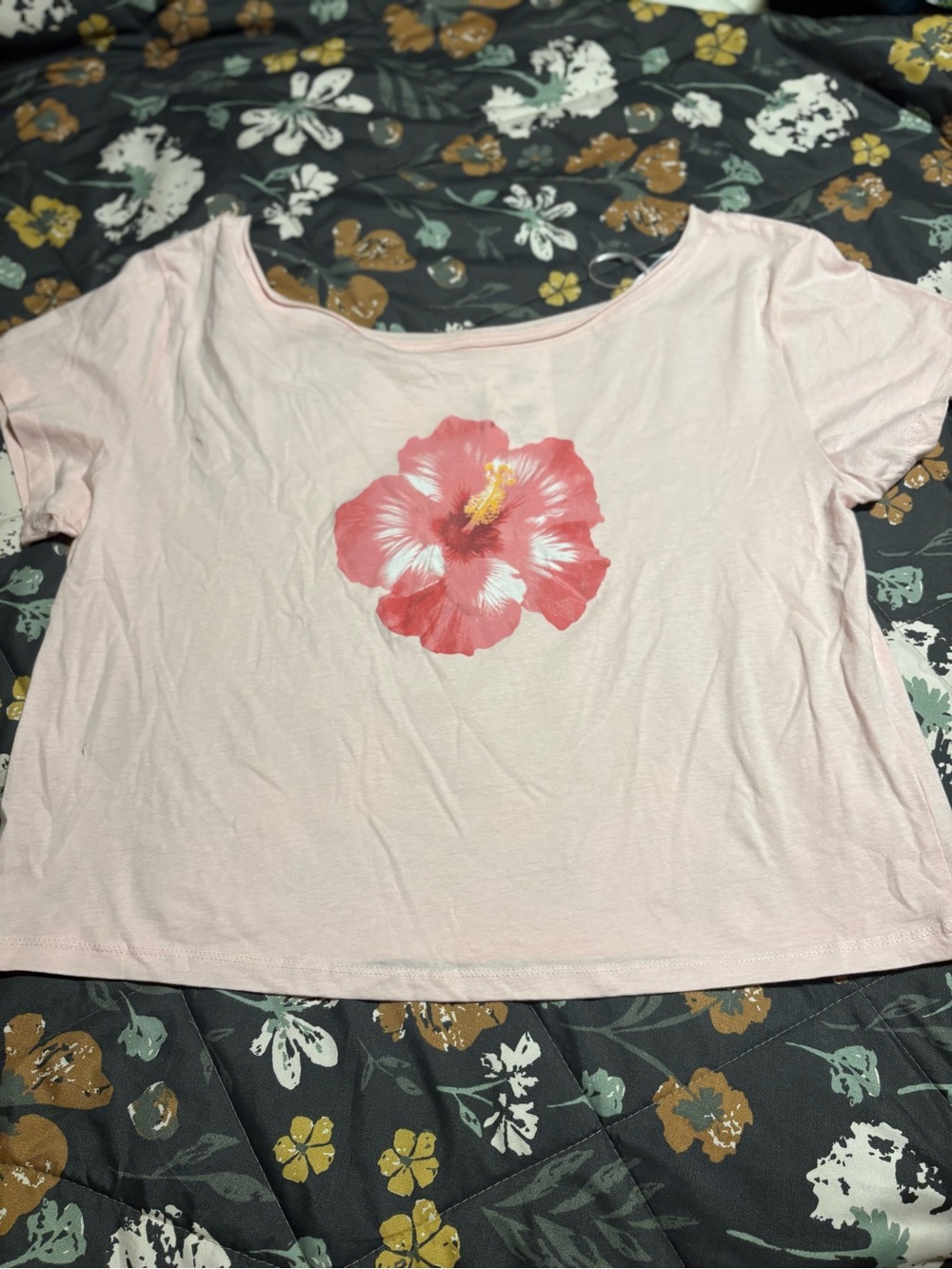 Tilly's Light Pink Crop Tee with Coral Hibiscus Graphic